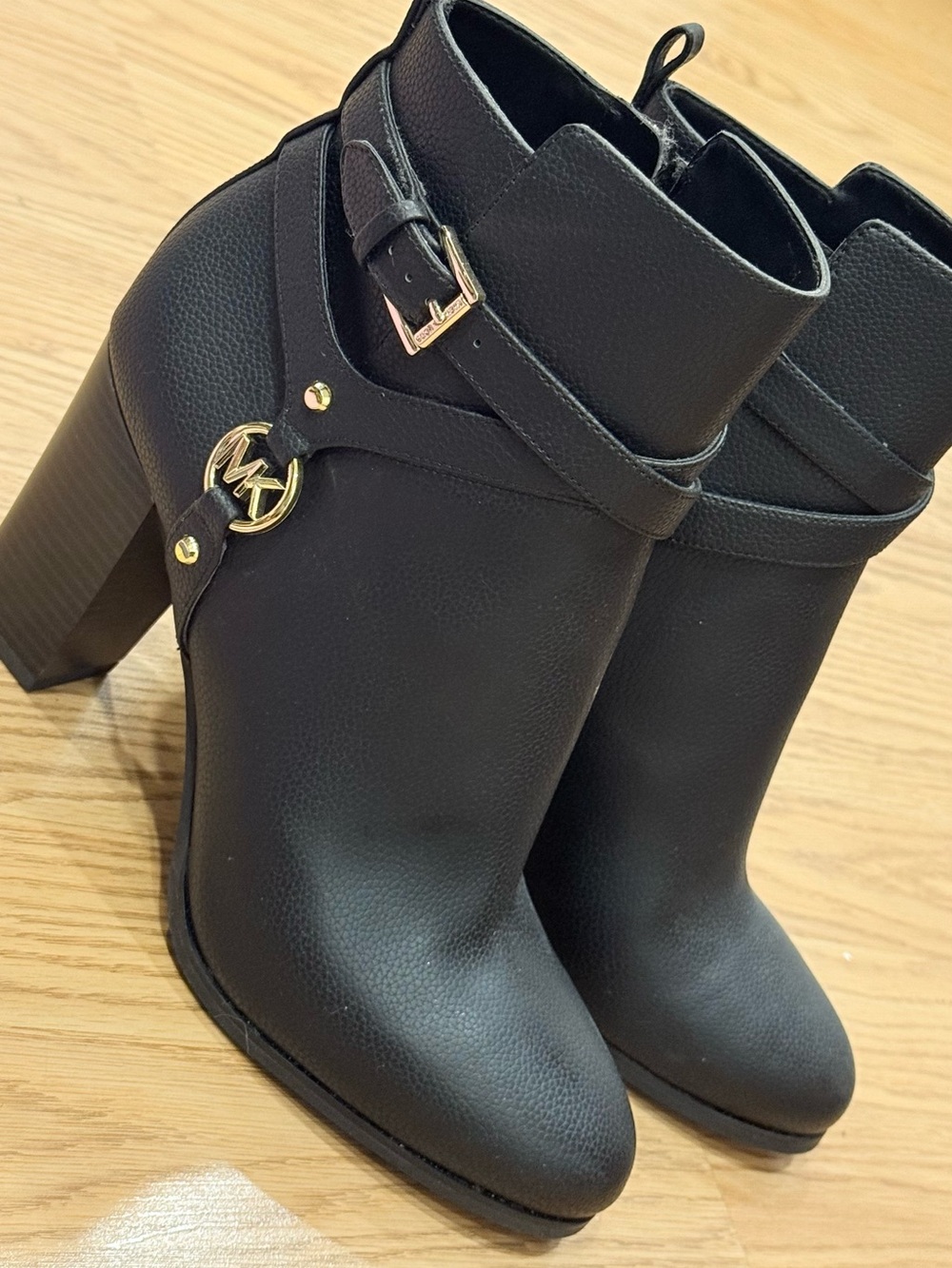 Michael Kors Black Leather Buckle Ankle Booties with Gold MK Medallion